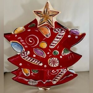 NIB Hand Painted Navidad Clay Tree Platter–Festive Chip & Dip, Cookie, Candy